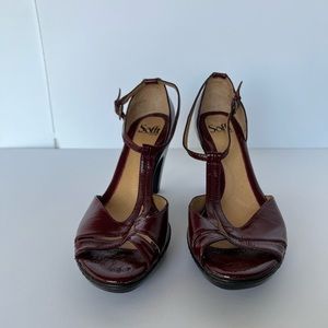 Red Leather Sofft T Strap Heels